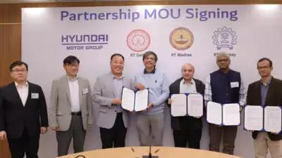 Hyundai Motor Group officials, IIT Delhi director Rangan Banerjee, IIT Bombay dean Sachin C Patwardhan and IIT Madras dean Manu Santhanam at a ceremony to sign signed an agreement for the joint establishment of the Hyundai Motor Group-IIT Hyundai CoE.