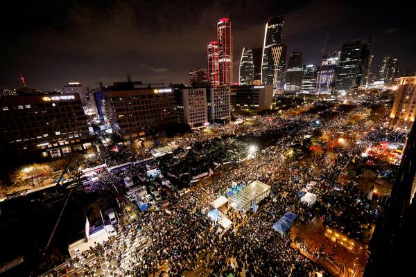 Protesters rallying near the National Assembly in Seoul