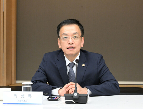 Choi Sang-mok speaking at an economic meeting