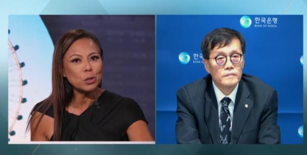 Bank of Korea Governor Rhee Chang-yong (right) listens to a question from the host during an interview with Bloomberg TV on Dec. 4. (Bloomberg TV)