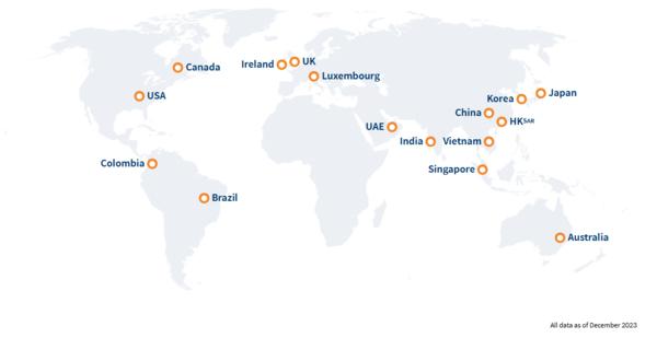 Mirae Asset Global Investments' global network as of December 2023 (Mirae Asset Global Investments)