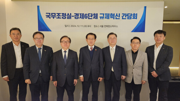 Nam Hyung-gi (center), deputy minister of the Office for Government Policy Coordination, and the vice chairmen of the six economic organizations take a commemorative photo at the regulatory innovation meeting held at the Conference House in Jung-gu, Seoul, on Dec. 11. (The Prime Minister's Office)