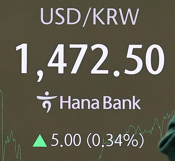 The electronic display board in the dealing room of Hana Bank in Jung-gu, Seoul shows that the Korean won to U.S. dollar exchange rate closed at 1,472.5 won during daytime trading (as of 3:30 p.m.) on Dec. 30. The exchange rate closed at 1,472.3 won during nighttime trading (as of 2:00 a.m.) on Dec. 31. The foreign exchange market closed on Dec. 31.