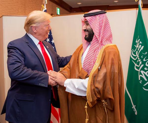 Saudi Arabia's Crown Prince Mohammed bin Salman shakes hands with U.S. President Donald Trump, at the G20 leaders summit in Osaka, Japan, June 29, 2019. Bandar Algaloud/Courtesy of Saudi Royal Court/Handout via REUTERS