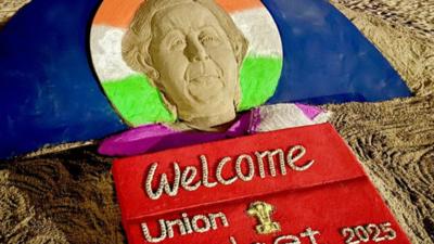 Odisha: Sand artist Sudarsan Pattnaik crafts sand sculpture on Union Budget 2025