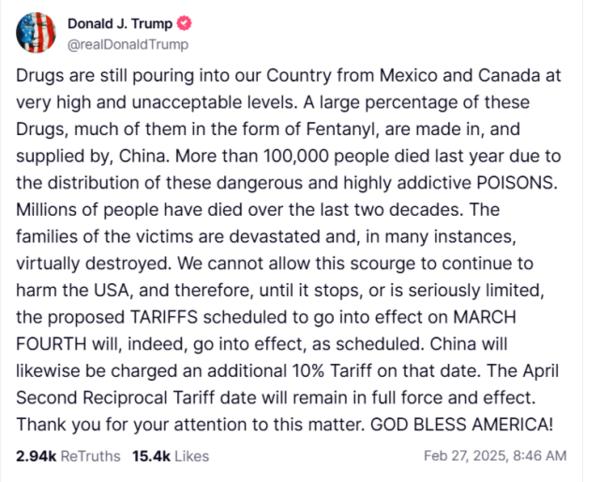 A screenshot of Trump's post on Truth Social